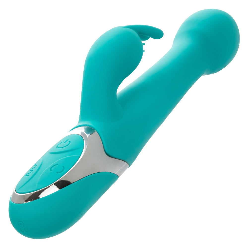CalExotics Enchanted Oscillate Teal Dual Stimulator with Thrusting and Rotating Beads, 12 Vibration Functions, USB Rechargeable, Waterproof Silicone, 8.5 Inches VIBRATORS-RABBIT