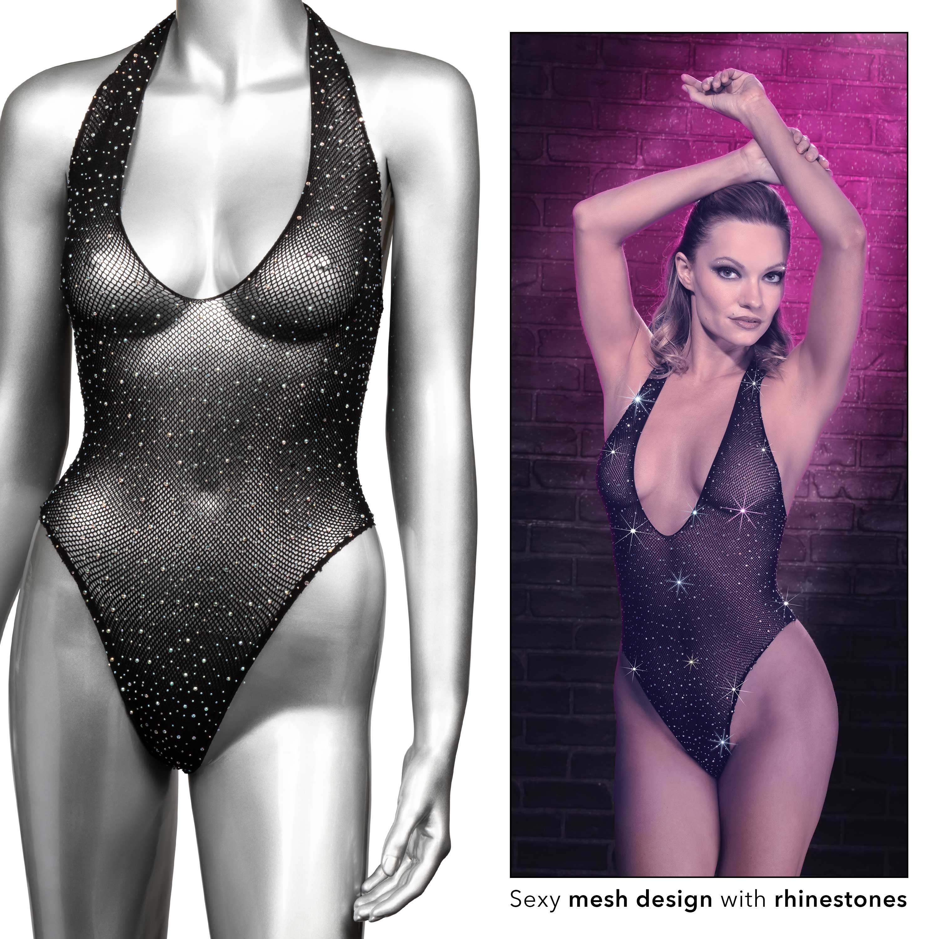 Radiance Deep V Black Rhinestone Mesh Body Suit One Size Bodystocking