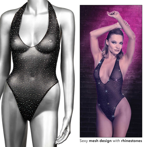 Radiance Deep V Black Rhinestone Mesh Body Suit One Size Bodystocking