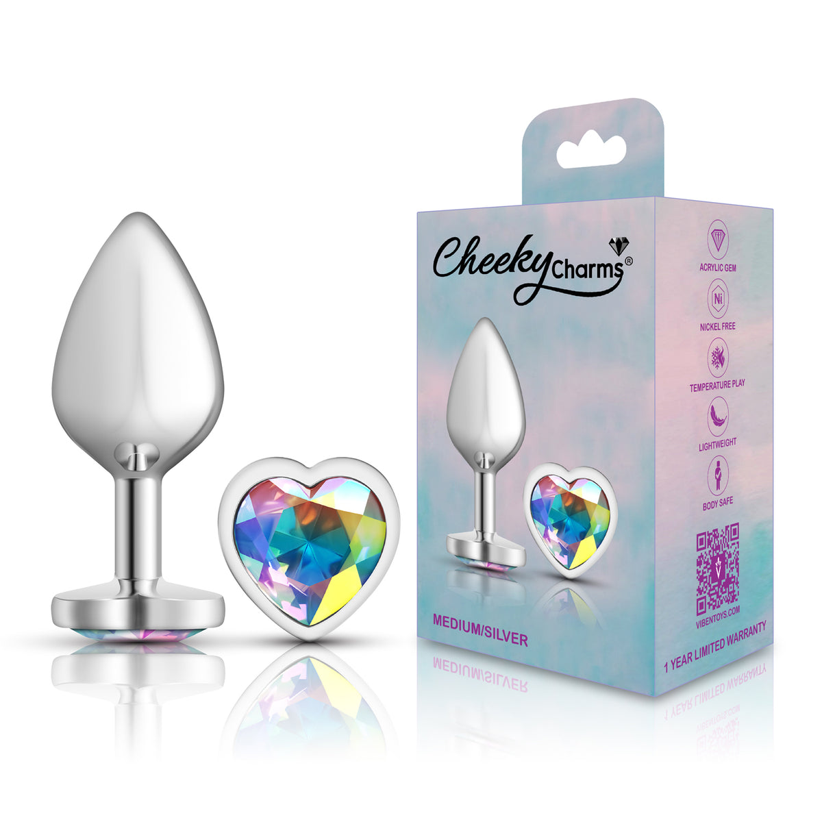 Cheeky Charms Silver Metal Butt Plug with Heart Clear Jewel Medium (8.03cm) > Anal Range > Jewel Butt Plugs