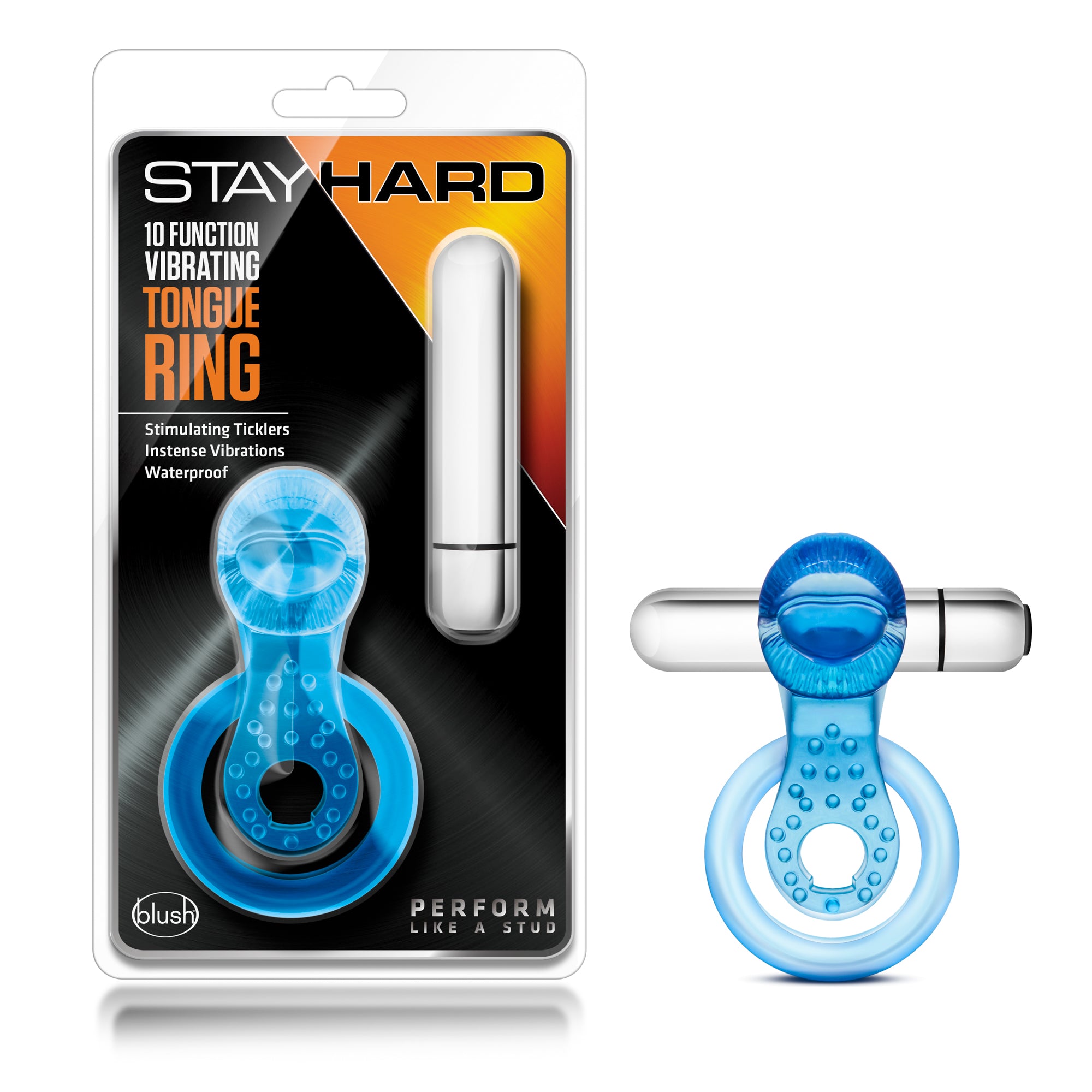 Stay Hard 10 Function Vibrating Tongue Ring Adult Toy Blue Cock Rings Vibrating