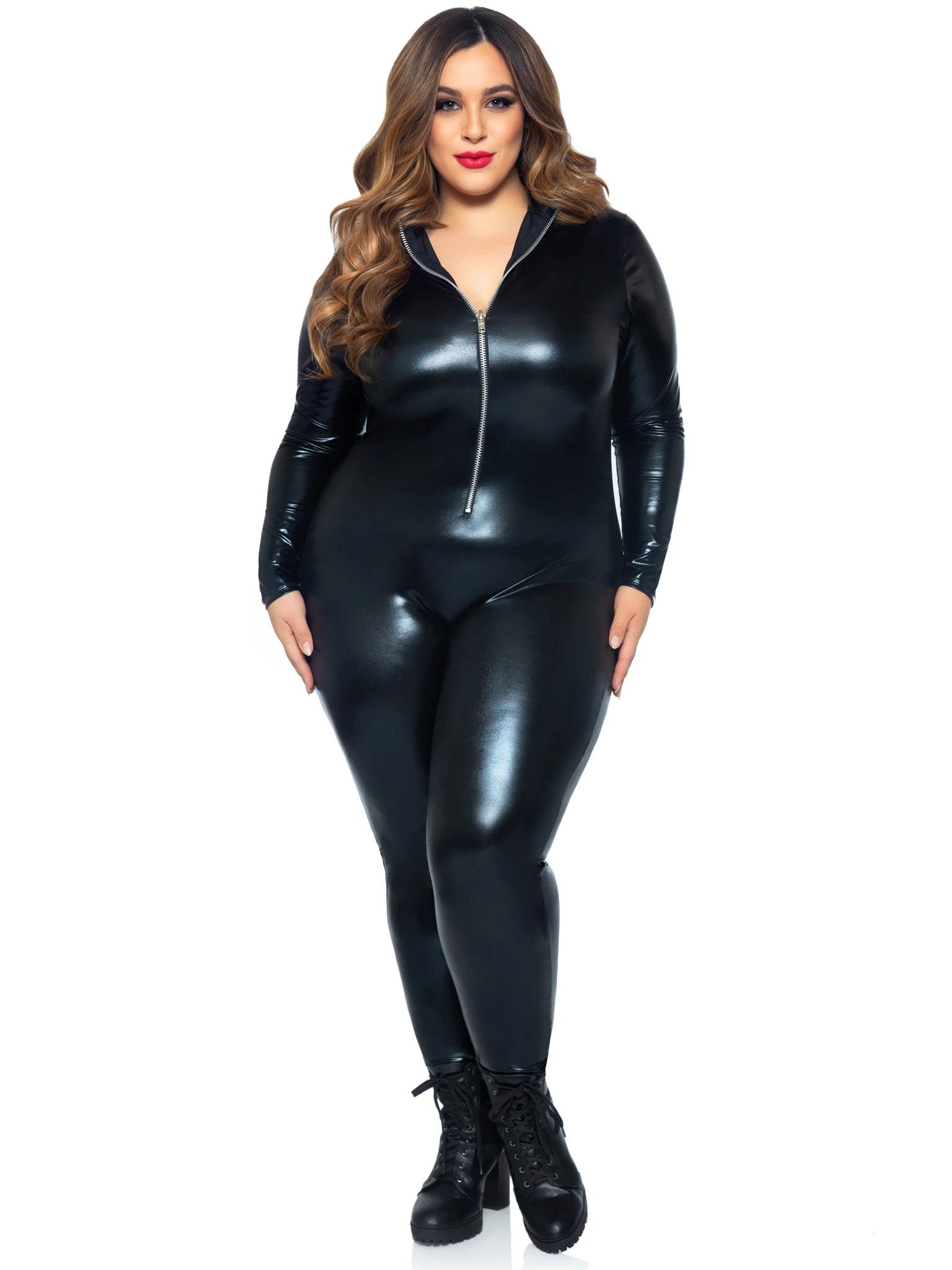 Leg Avenue Black Lam Zipper Front Catsuit Erotic Costume Womens Latex