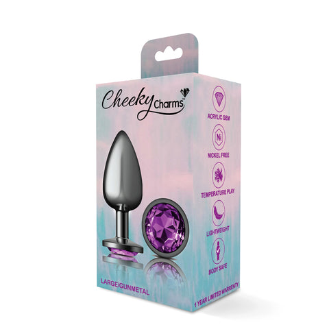 Cheeky Charms Gunmetal Round Butt Plug with Purple Jewel Large > Anal Range > Jewel Butt Plugs