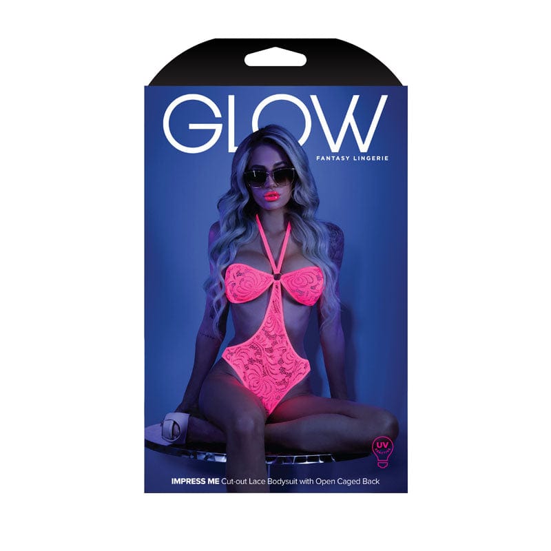 Fantasy Lingerie LINGERIE & BODY WEAR Pink GLOW IMPRESS ME Cut-out Lace Bodysuit with Open Caged Back - Glow in Dark  - M/L Size 657447305207