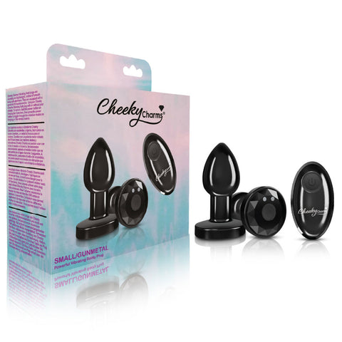 Cheeky Charms Small Gunmetal Vibrating Metal Butt Plug with Remote > Anal Range > Jewel Butt Plugs