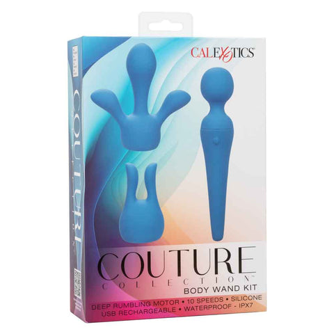 Couture Collection™ Body Wand Kit Blue Silicone USB Rechargeable Waterproof with Dual and Triple Teaser Attachments Electric Massager