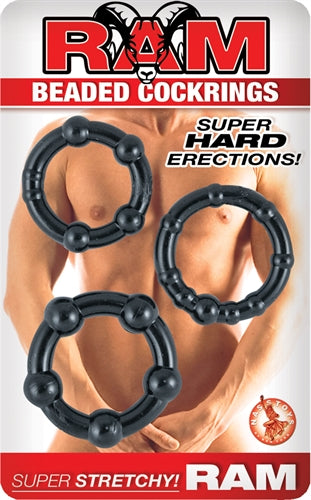 Ram Black Beaded Cock Rings Set of Three Stretchy Penis Rings COCK RING Set