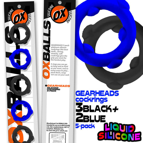 Gearheads 5 Pack Spinner Rings (Black Vapor) – Stretchy Silicone Cock Rings Blue Cockrings