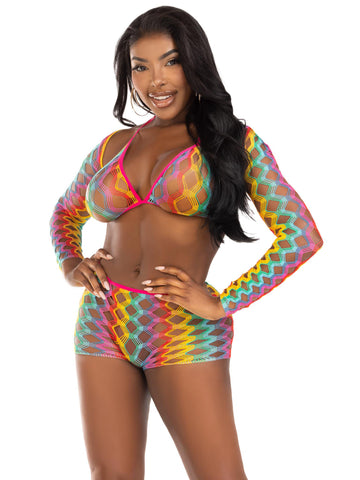 Leg Avenue 3 Pc Net Bra Top With Shrug and Boy Shorts – Multicolor Lingerie Lingerie & Sexy Apparel