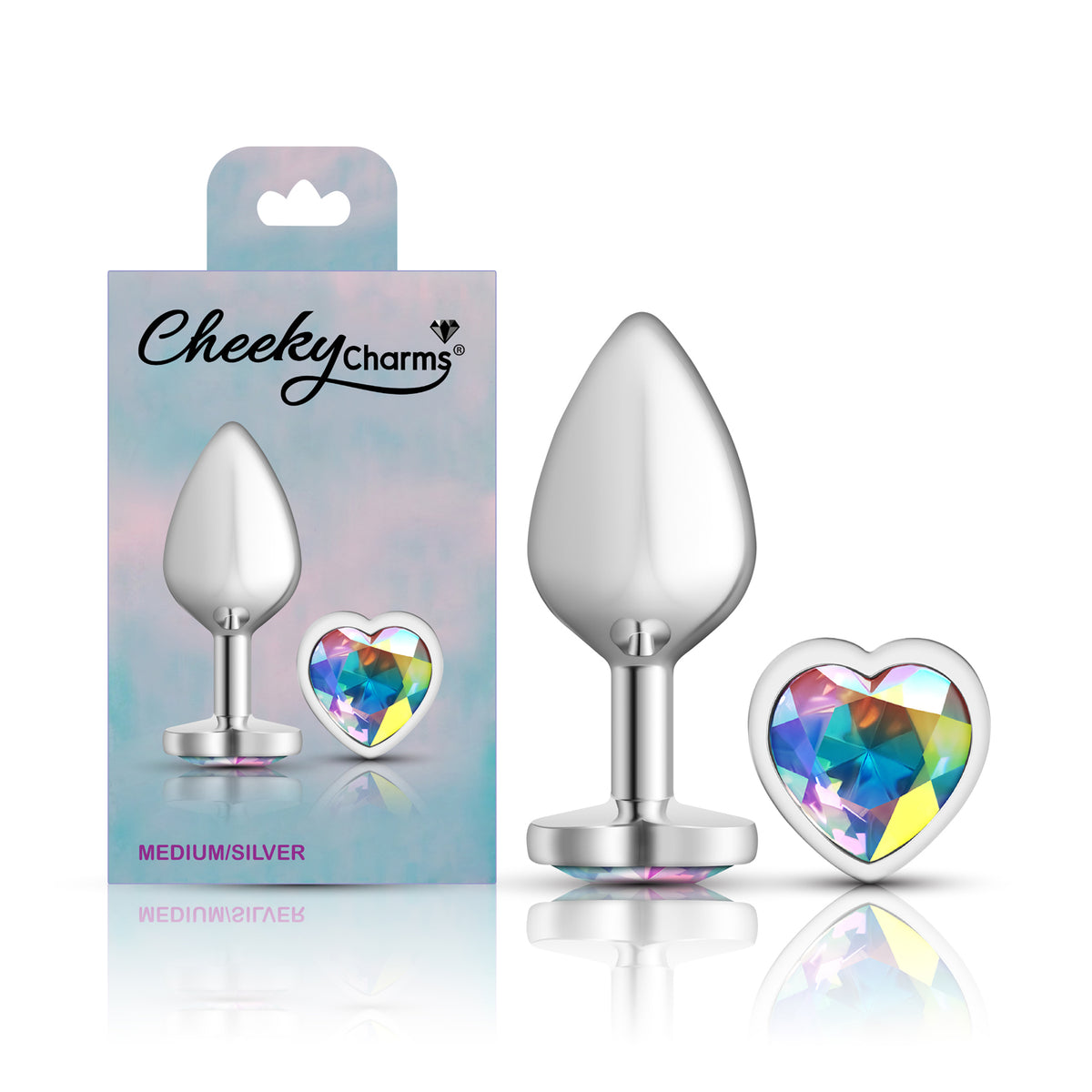 Cheeky Charms Silver Metal Butt Plug with Heart Clear Jewel Medium (8.03cm) > Anal Range > Jewel Butt Plugs
