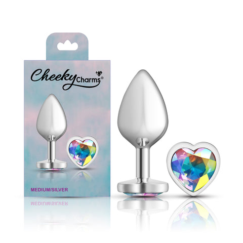 Cheeky Charms Silver Metal Butt Plug with Heart Clear Jewel Medium > Anal Range > Jewel Butt Plugs