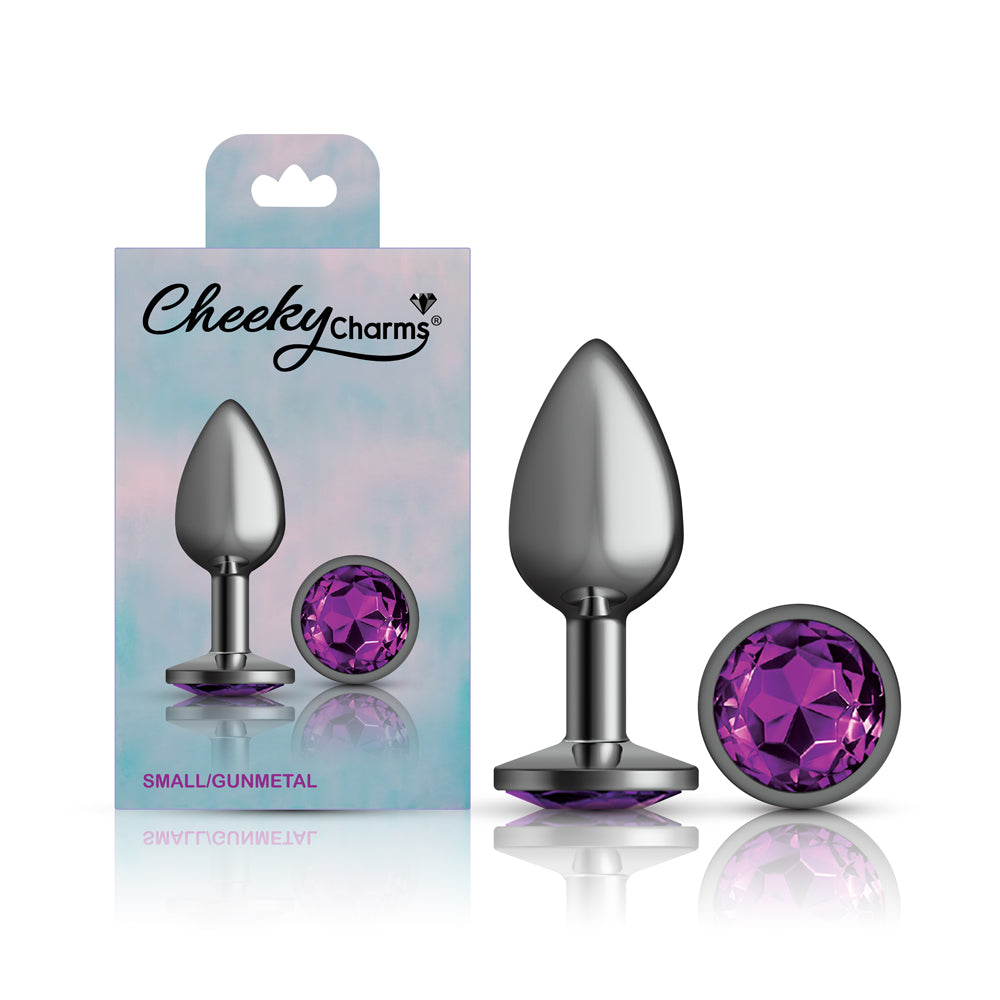 Cheeky Charms Gunmetal Round Butt Plug with Purple Jewel Small > Anal Range > Jewel Butt Plugs