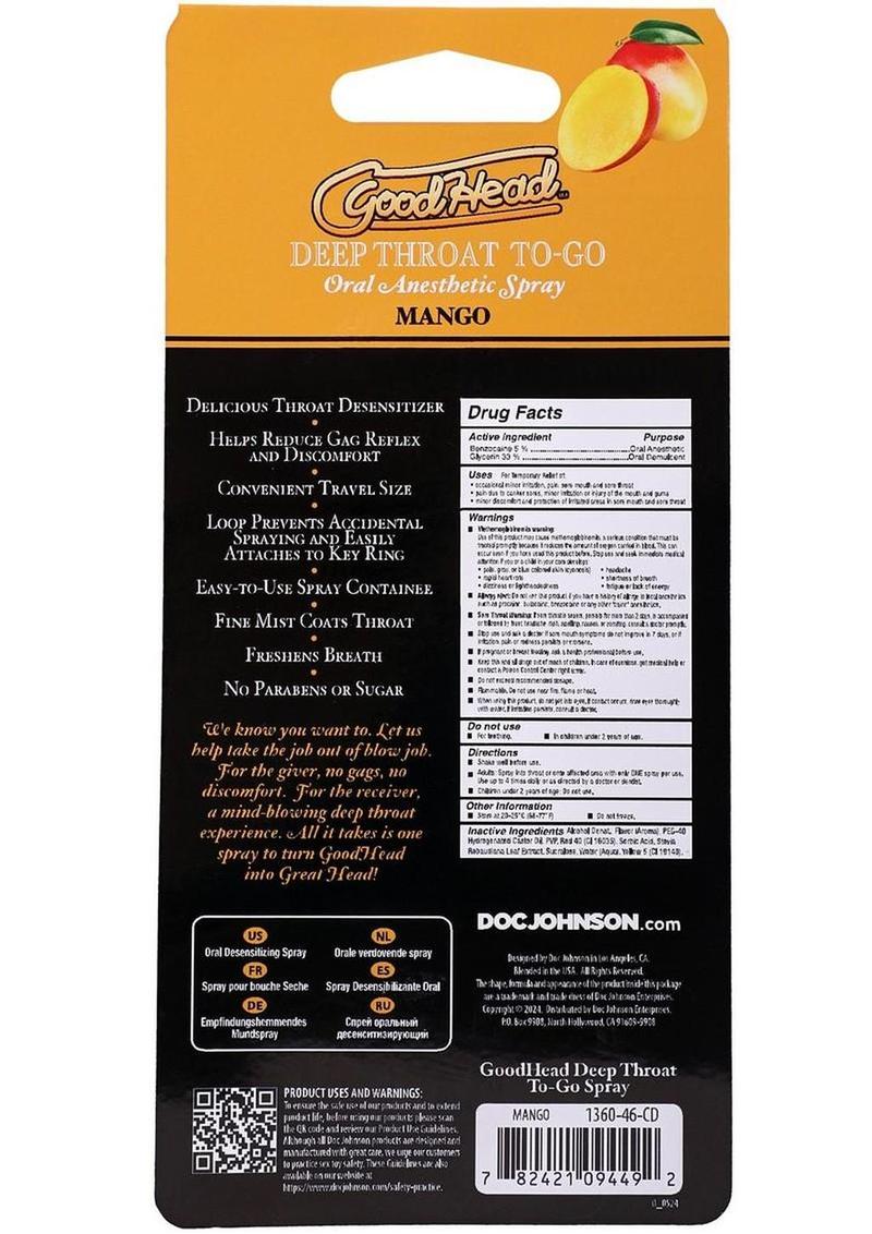 GoodHead Deep Throat Spray To-Go Mango 0.30 Fl Oz Oral Spray > Lube > Oral Gels & Sprays