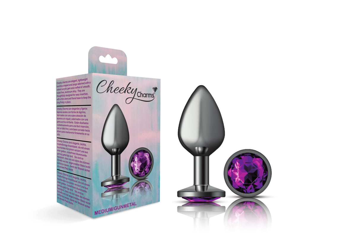 Cheeky Charms Gunmetal Round Butt Plug with Purple Jewel Medium (8.03cm) > Anal Range > Jewel Butt Plugs