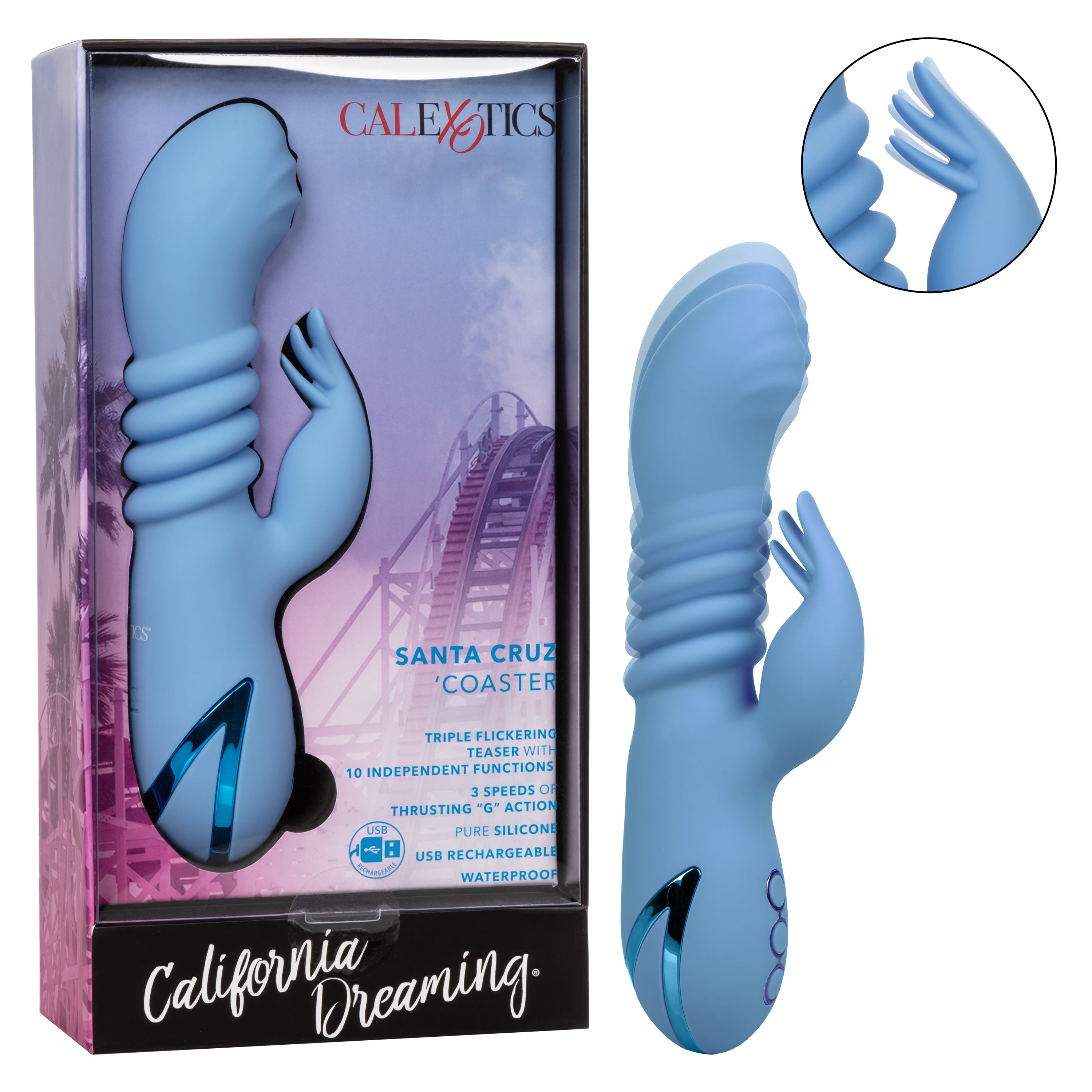 California Dreaming Santa Cruz Blue Coaster Massager with Triple Flickering Teaser and USB Rechargeable Waterproof Design VIBRATORS-RABBIT