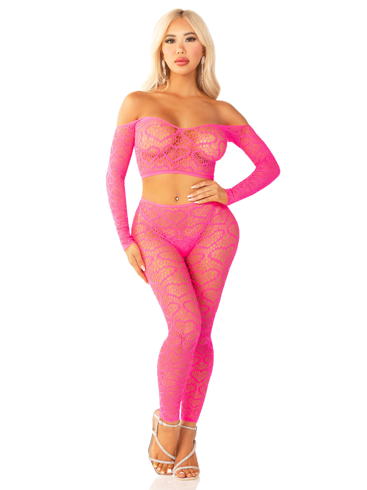 Pink Heart Net Off Shoulder Crop Top and Footless Tights Set Pink Lingerie Sets