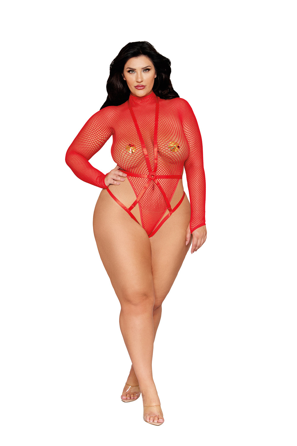 Poinsettia Queen Size Teddy and Harness Lingerie Set Red Curvy Size > Clothes > Plus Size Lingerie