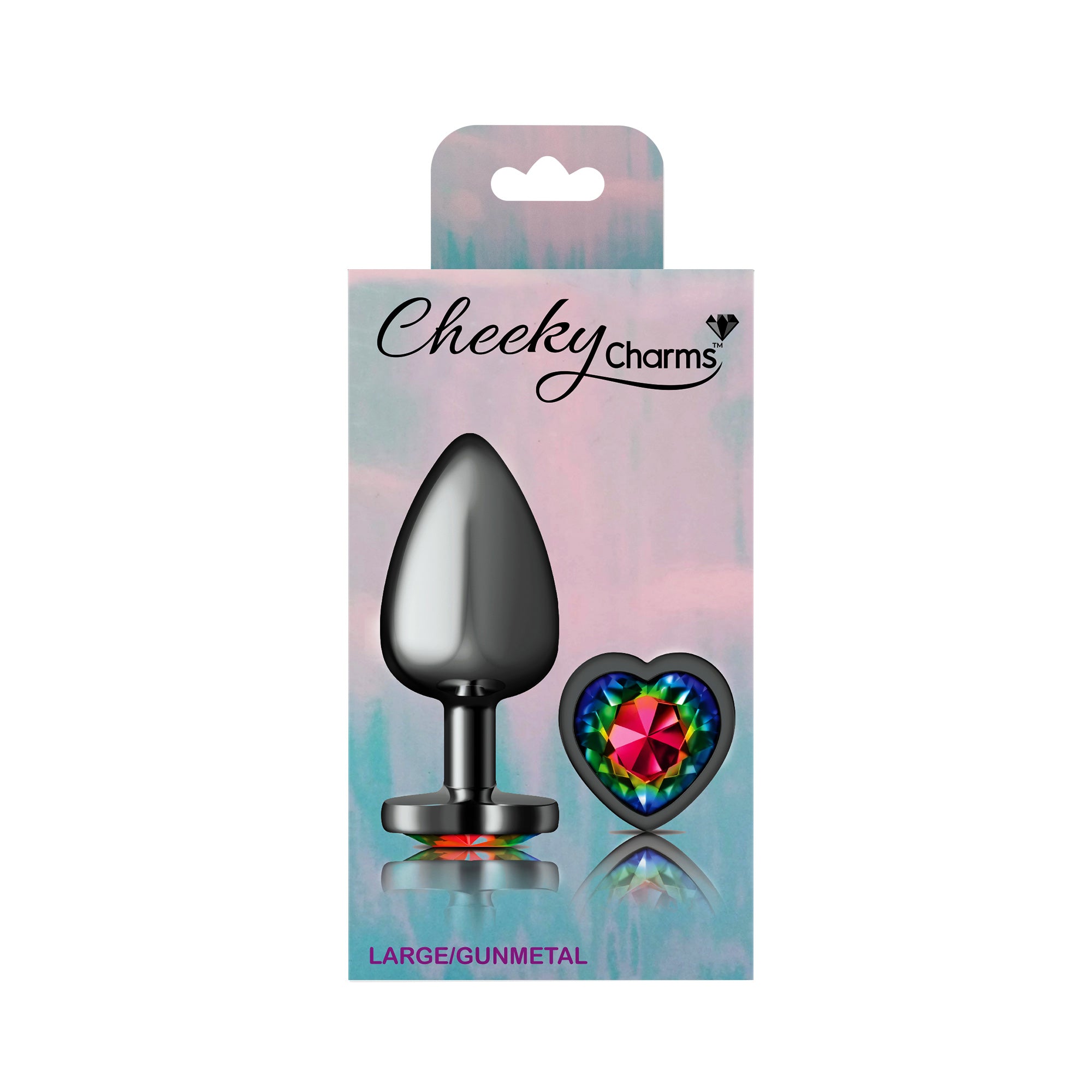 Cheeky Charms Gunmetal Butt Plug with Heart Rainbow Jewel Large > Anal Range > Jewel Butt Plugs