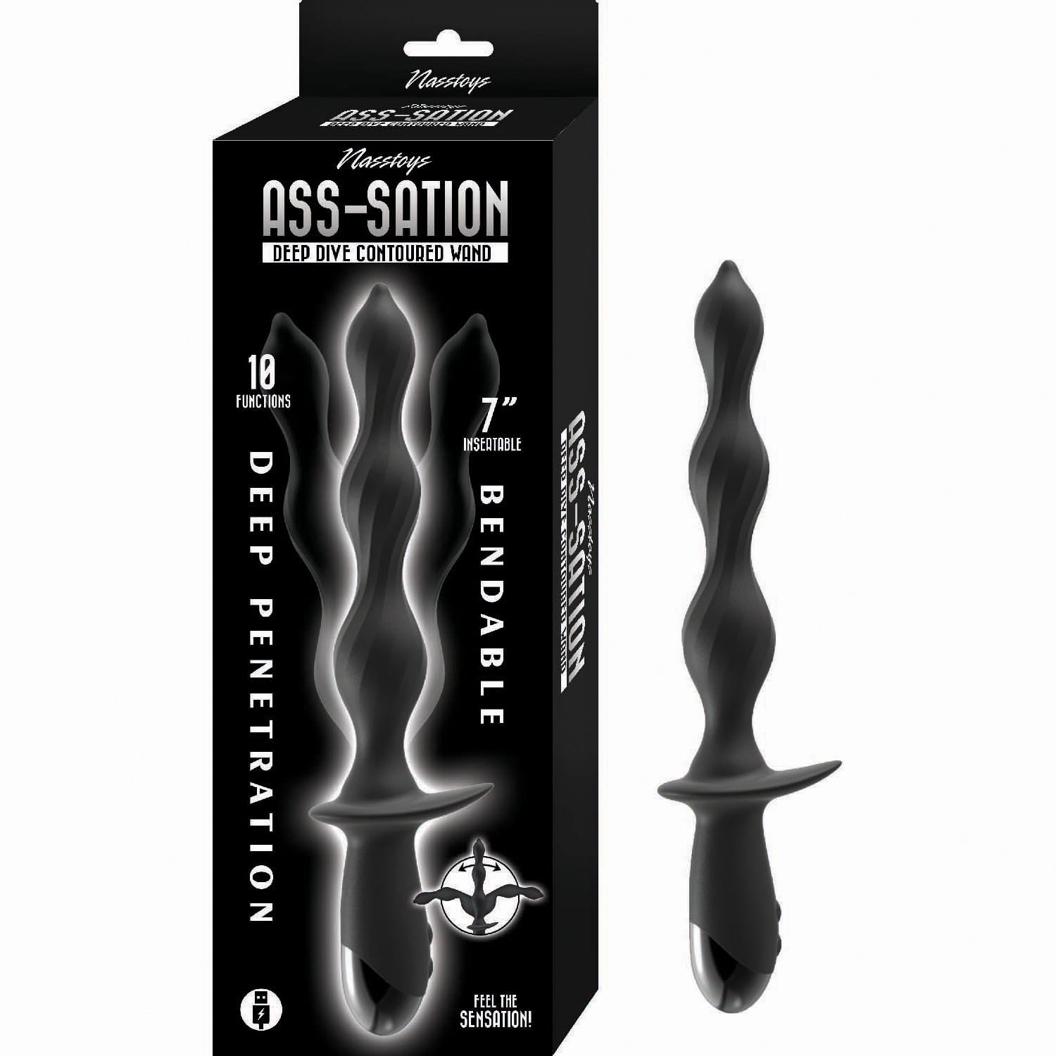 Ass-Sation Deep Dive Contoured 7" Insertable Wand Anal Vibrator Black Black > Anal Range > Anal Probes