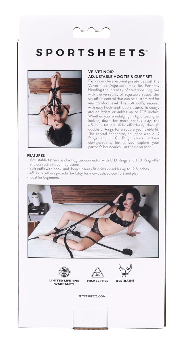 Sportsheets Velvet Noir Adjustable Hog Tie and Cuff Restraints Set with Soft Cuffs and 115 cm Tethers for Versatile Bondage Play Black > Bondage Gear > Restraints