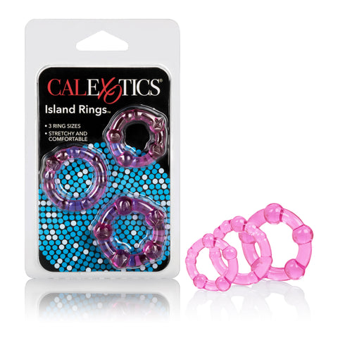 Island Rings Pink Stretchy Transparent TPR Cock Rings Trio Small Medium Large with Pleasure Beads and Stimulation Nodules COCK RING Set