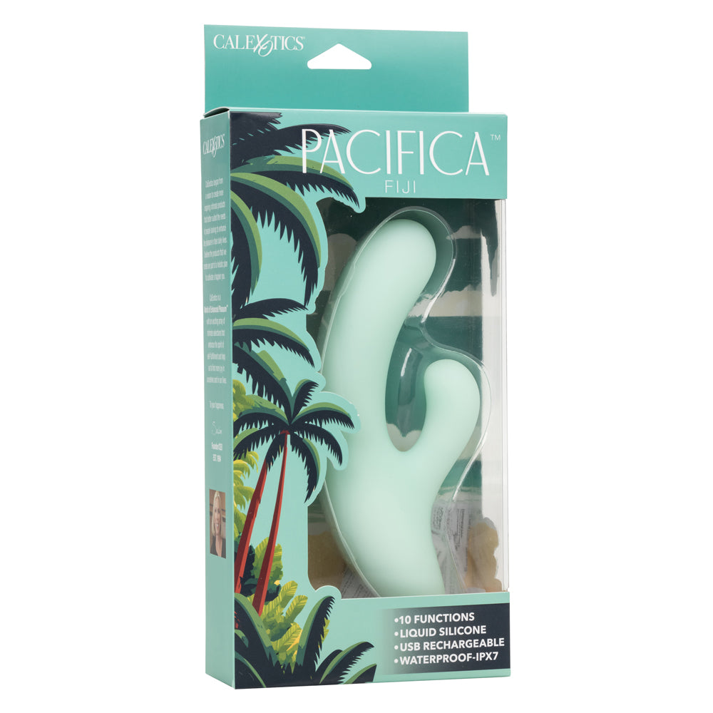 Pacifica Fiji Dual Stimulator in Mint Green with 10 Vibration Functions, Liquid Silicone, USB Rechargeable, Waterproof IPX7, 7.5 Inches Green VIBRATORS-RABBIT