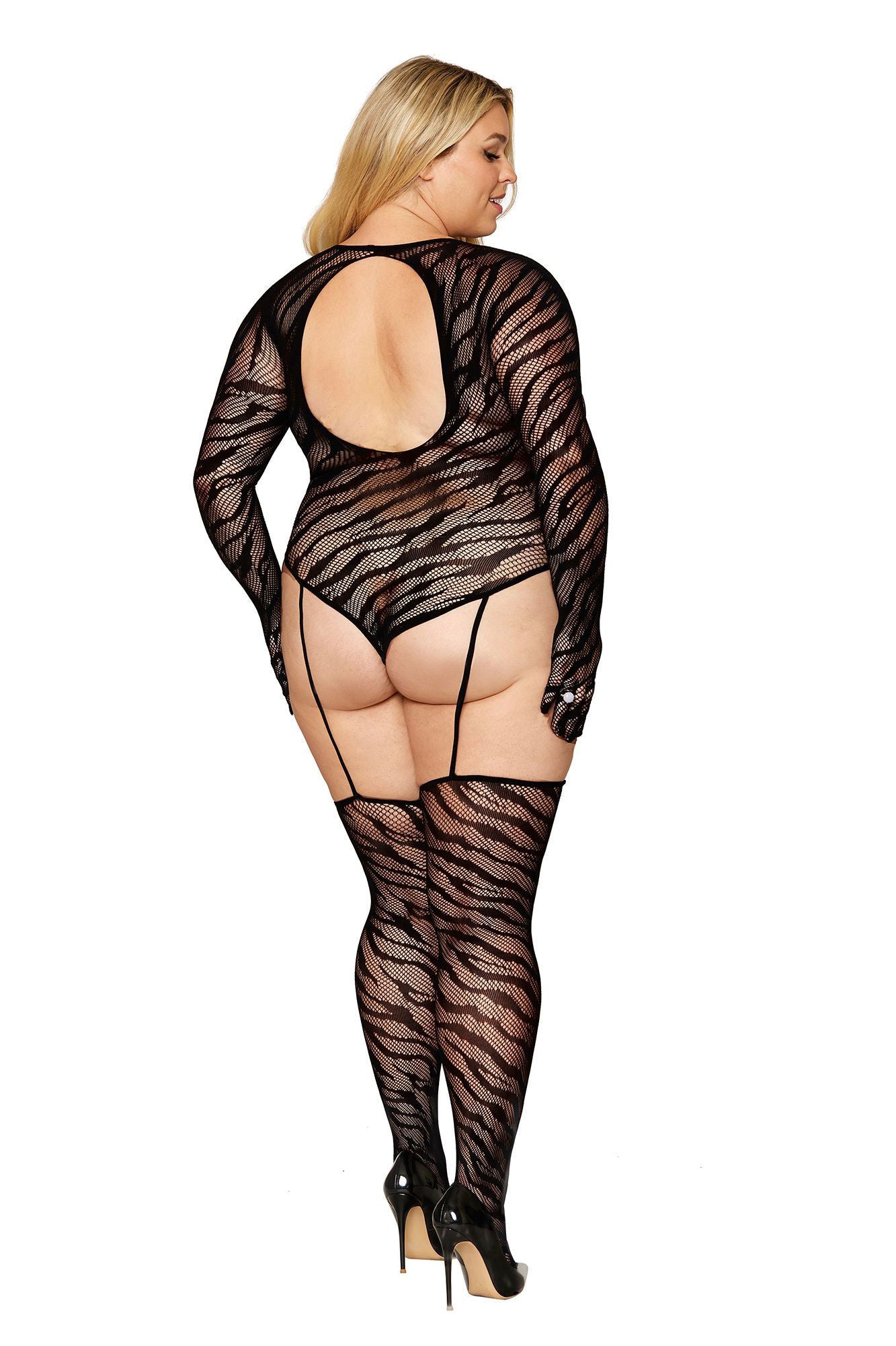 Teddy Bodystocking With Fingered Gloves - Queen Size - Black Black Bodystocking