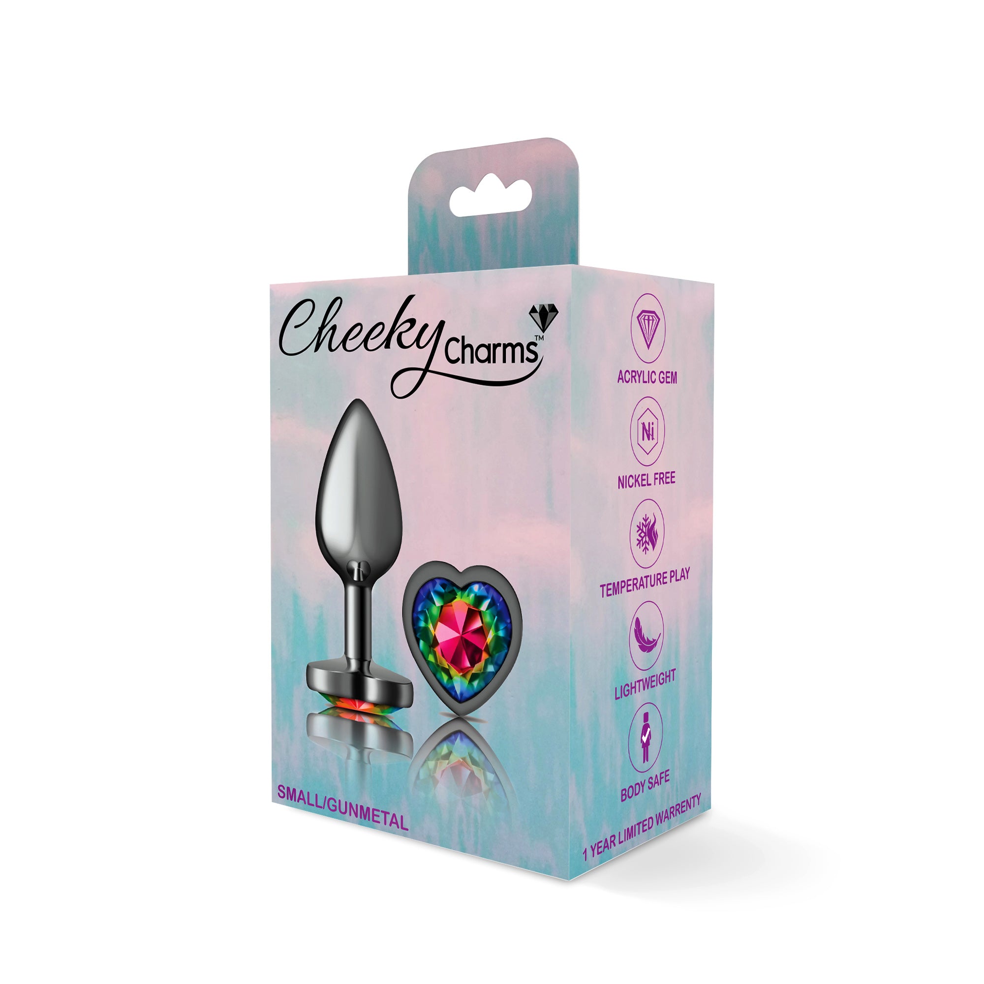 Cheeky Charms Gunmetal Butt Plug with Heart Rainbow Jewel Small > Anal Range > Jewel Butt Plugs