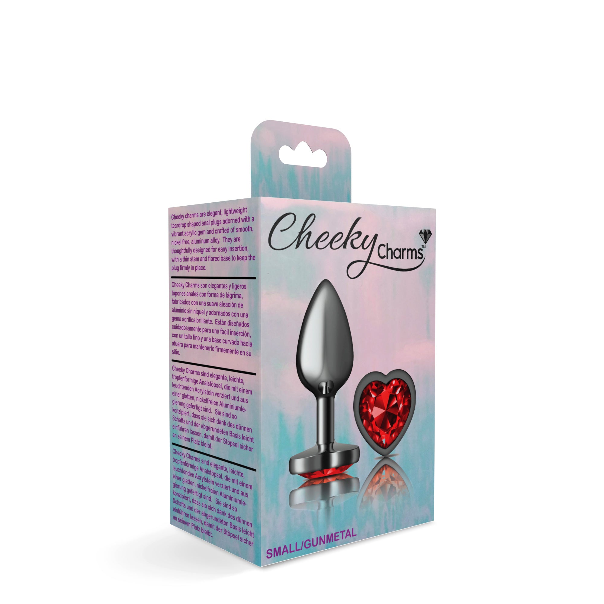 Cheeky Charms Gunmetal Butt Plug with Heart Red Jewel Small > Anal Range > Jewel Butt Plugs