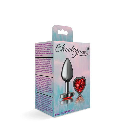 Cheeky Charms Gunmetal Butt Plug with Heart Red Jewel Small > Anal Range > Jewel Butt Plugs