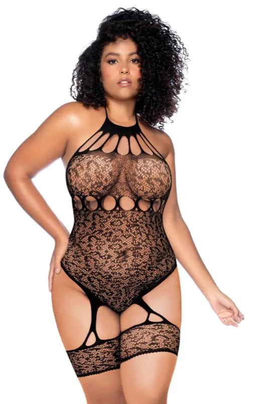 Leopard Halter Fishnet Bodysuit (Black) – Curve Lingerie Black Curvy Size > Clothes > Bodies and Playsuits