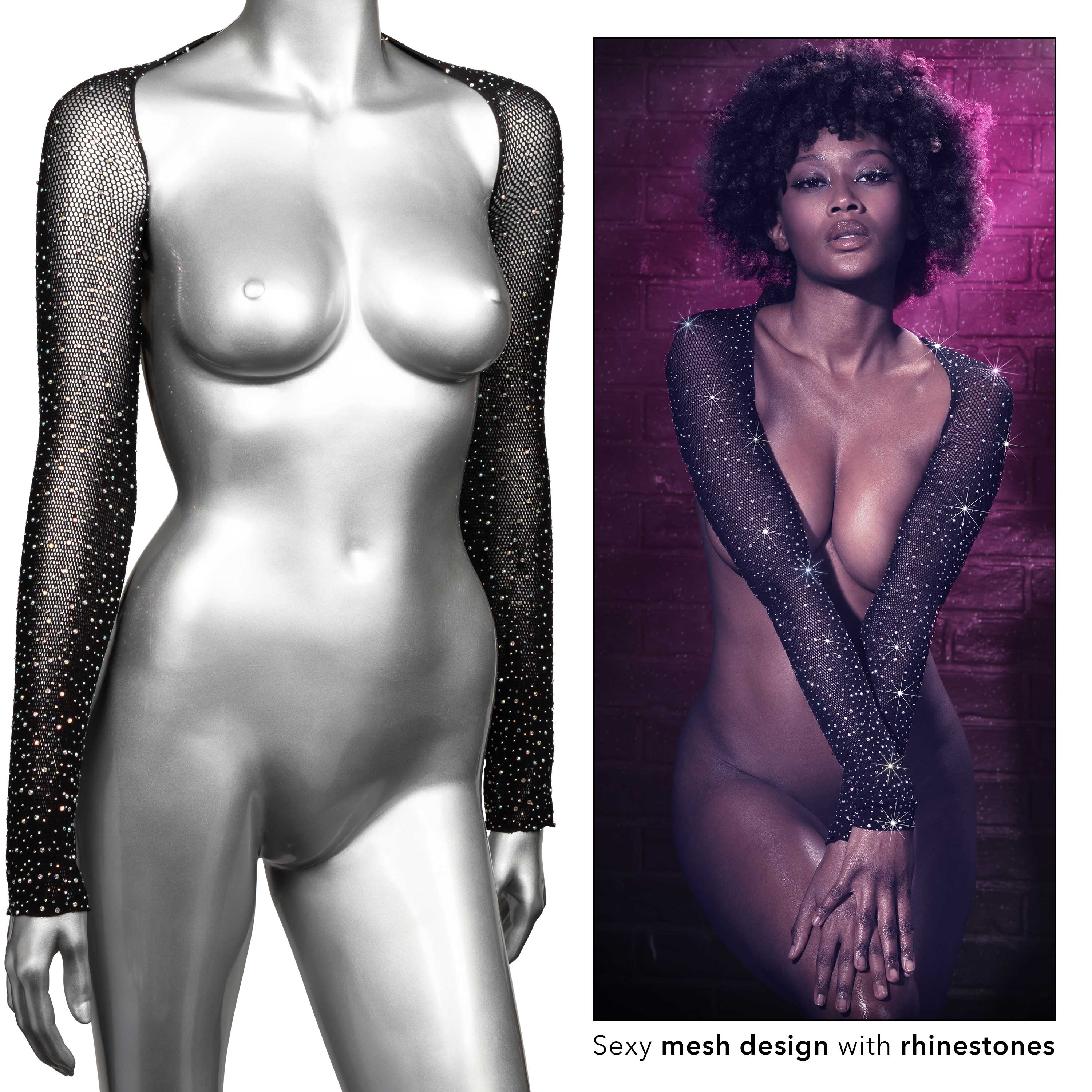 Radiance Shoulder Shrug Black Stretchy Mesh with Sparkling Rhinestones Full Length Sleeves One Size Lingerie & Sexy Apparel