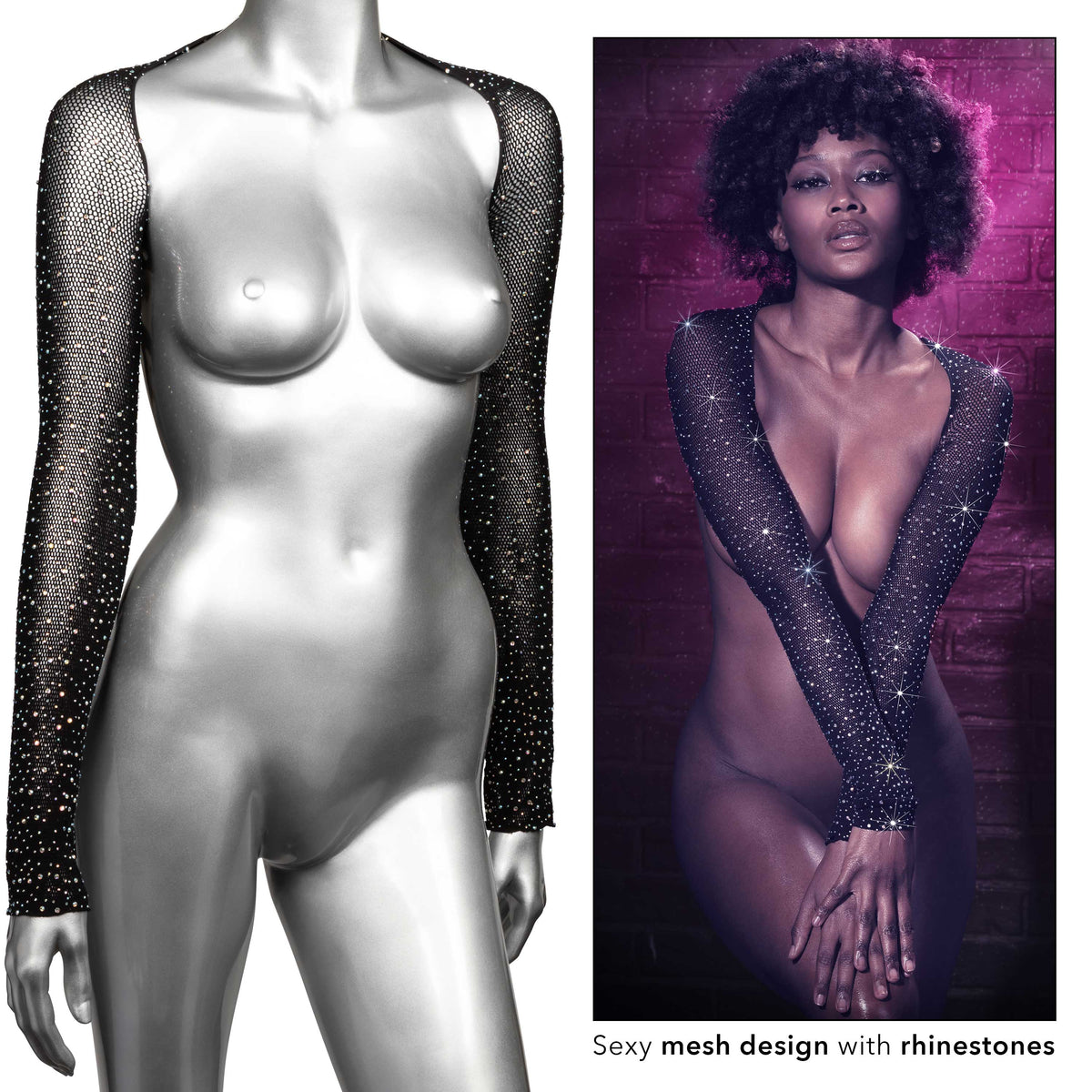 Radiance Shoulder Shrug Black Stretchy Mesh with Sparkling Rhinestones Full Length Sleeves One Size > Clothes > Lingerie Sets