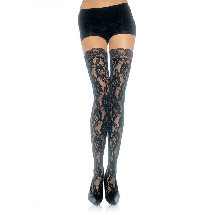 Lace Top Lace Thigh Highs (Black) – One Size Nylon Stockings Secondary image