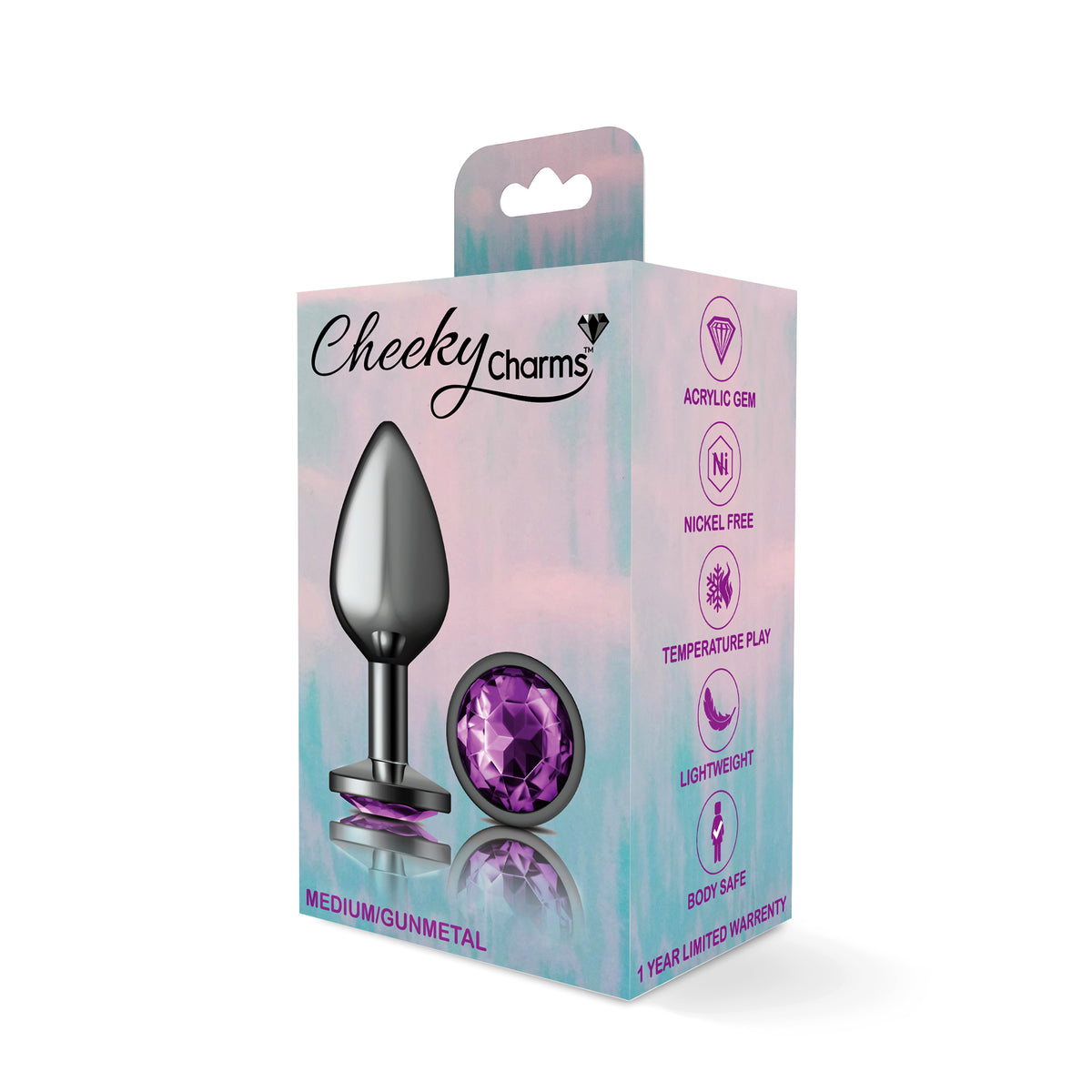 Cheeky Charms Gunmetal Round Butt Plug with Purple Jewel Medium (8.03cm) > Anal Range > Jewel Butt Plugs