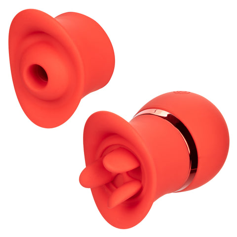 French Kiss Suck and Play Interchangeable Set Red Silicone Mini Massager with 12 Vibration and Suction Functions Suction Stimulator