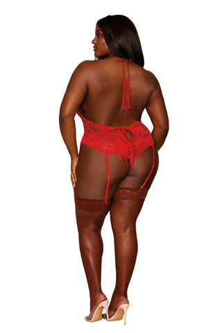 Queen Size Ruby Lace Garter Teddy with Adjustable Heart Chains
