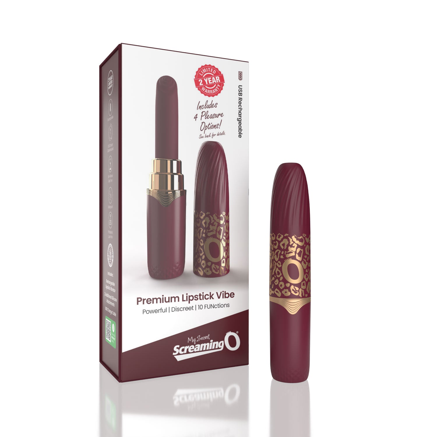 Screaming O My Secret Lipstick Premium Rechargeable Vibe with 10 Functions and 4 Interchangeable Silicone Tips Burgundy BULLETS