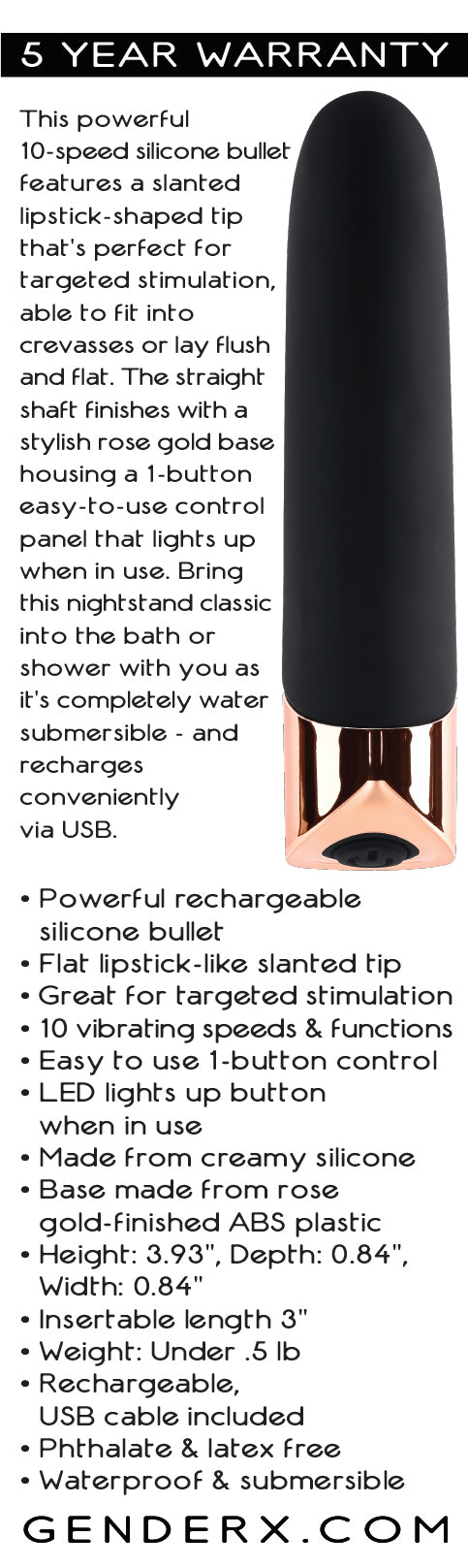Gender X The Gold Standard Rose Gold 10 cm USB Rechargeable Bullet Vibrator Black BULLETS