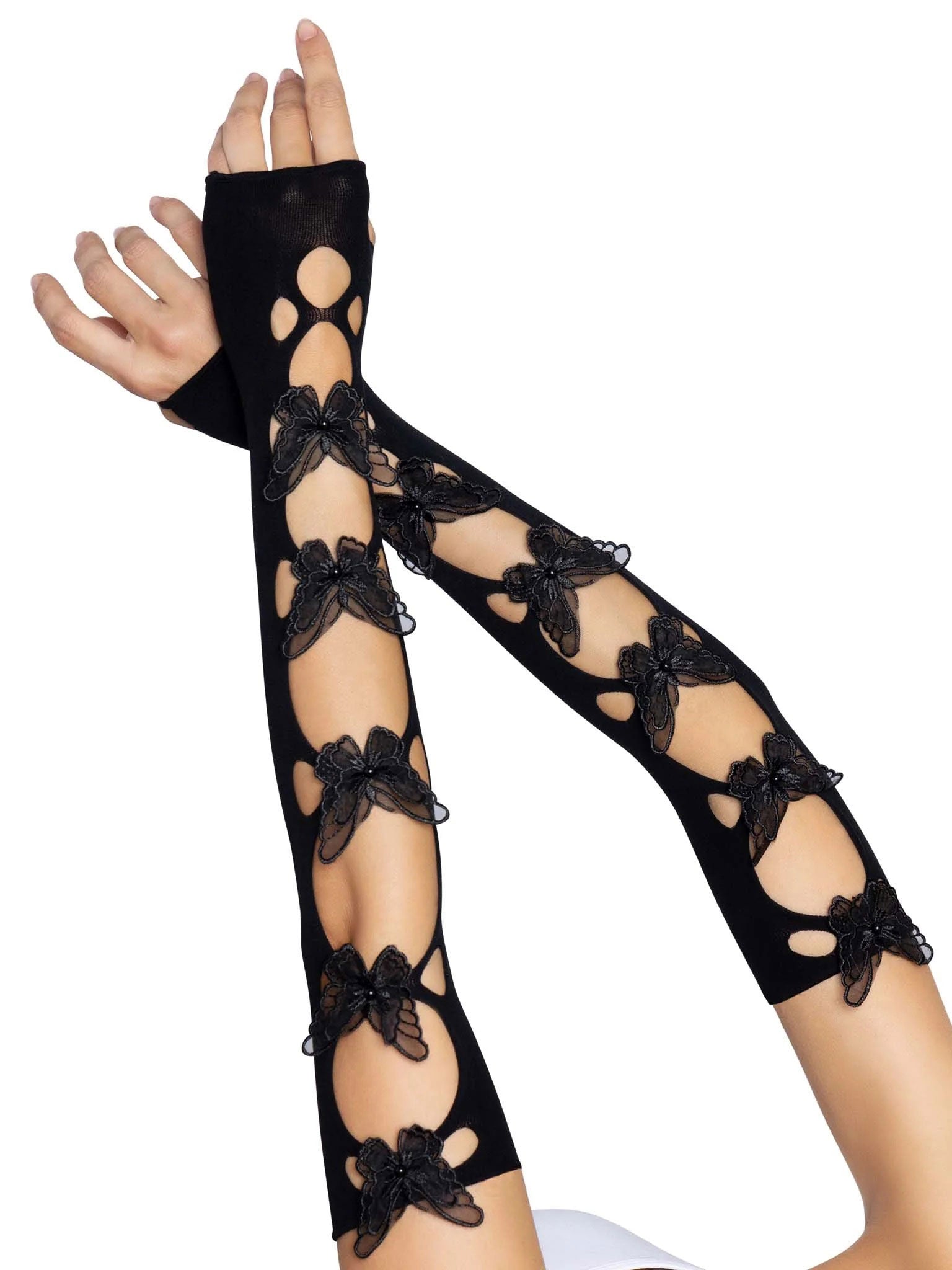 Butterfly Cut Out Arm Warmers Black One Size Fingerless Gloves > Clothes > Accessories