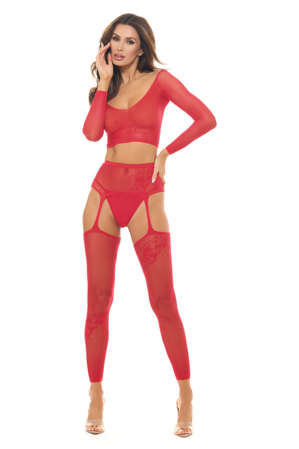 Red Long Sleeve Top and Garter Bodystocking Lingerie Set Red Bodystocking