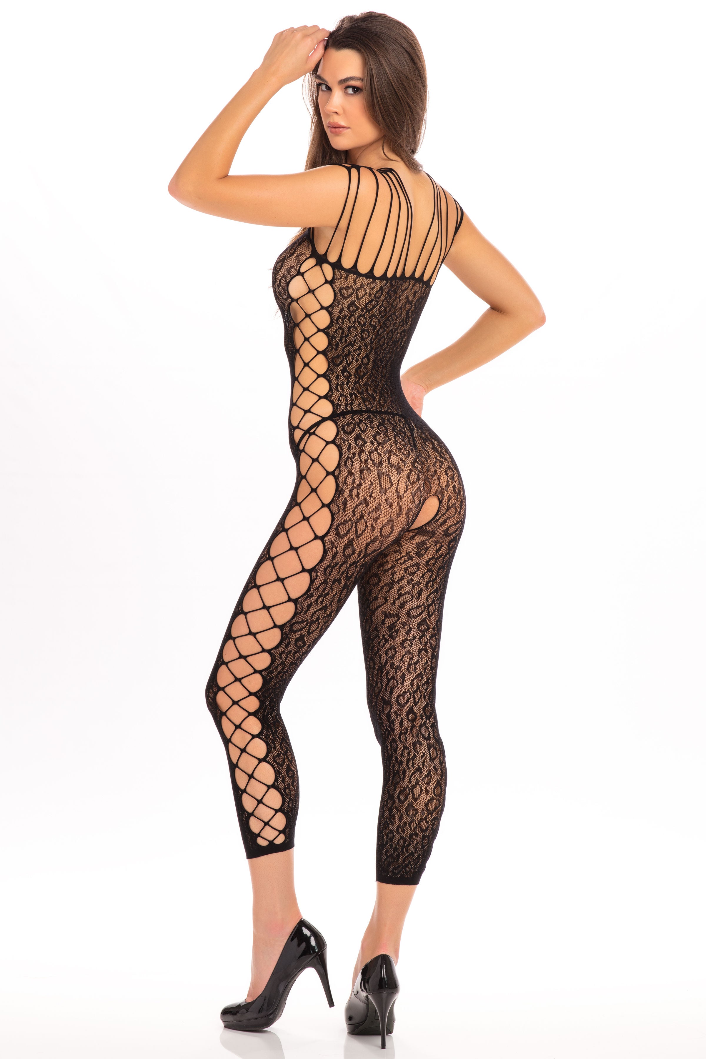 Animal Print Crotchless Bodystocking One Size Black Lingerie Black Bodystocking