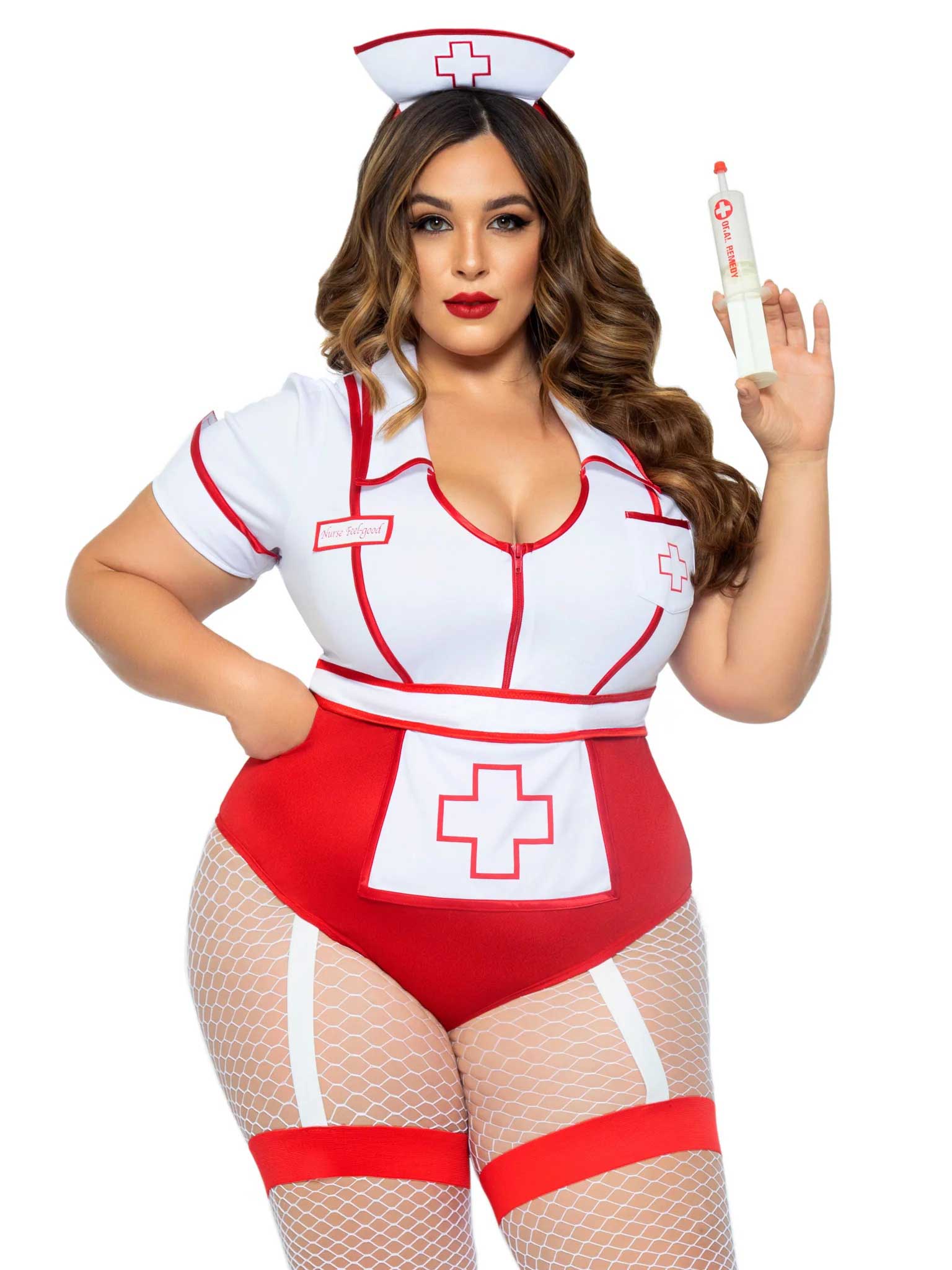 Plus Size Sexy Nurse Costume with Snap Crotch Garter Bodysuit Red Costumes