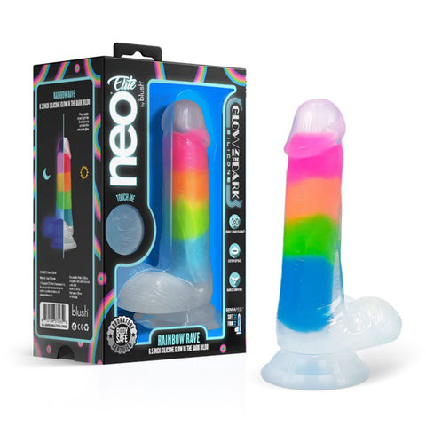 Neo Elite Glow in the Dark Rainbow Rave Silicone Dildo 6.5 Inch DONGS