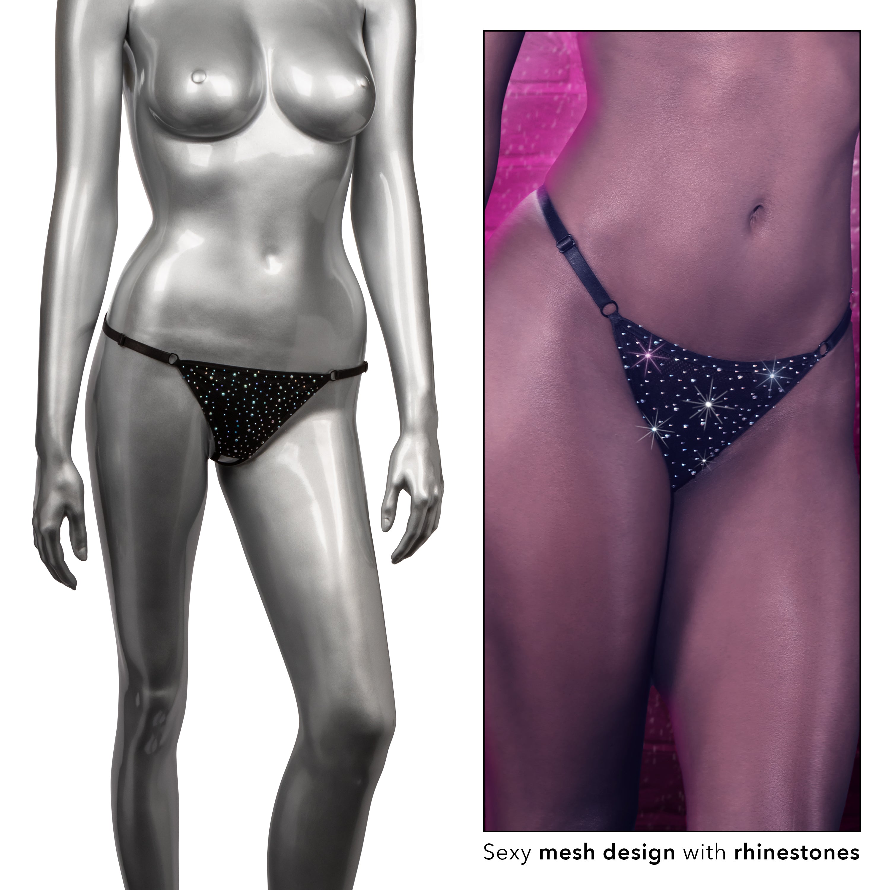 Radiance Black Rhinestone Crotchless Thong with Adjustable Straps and Stretchy Waistband Lingerie & Sexy Apparel