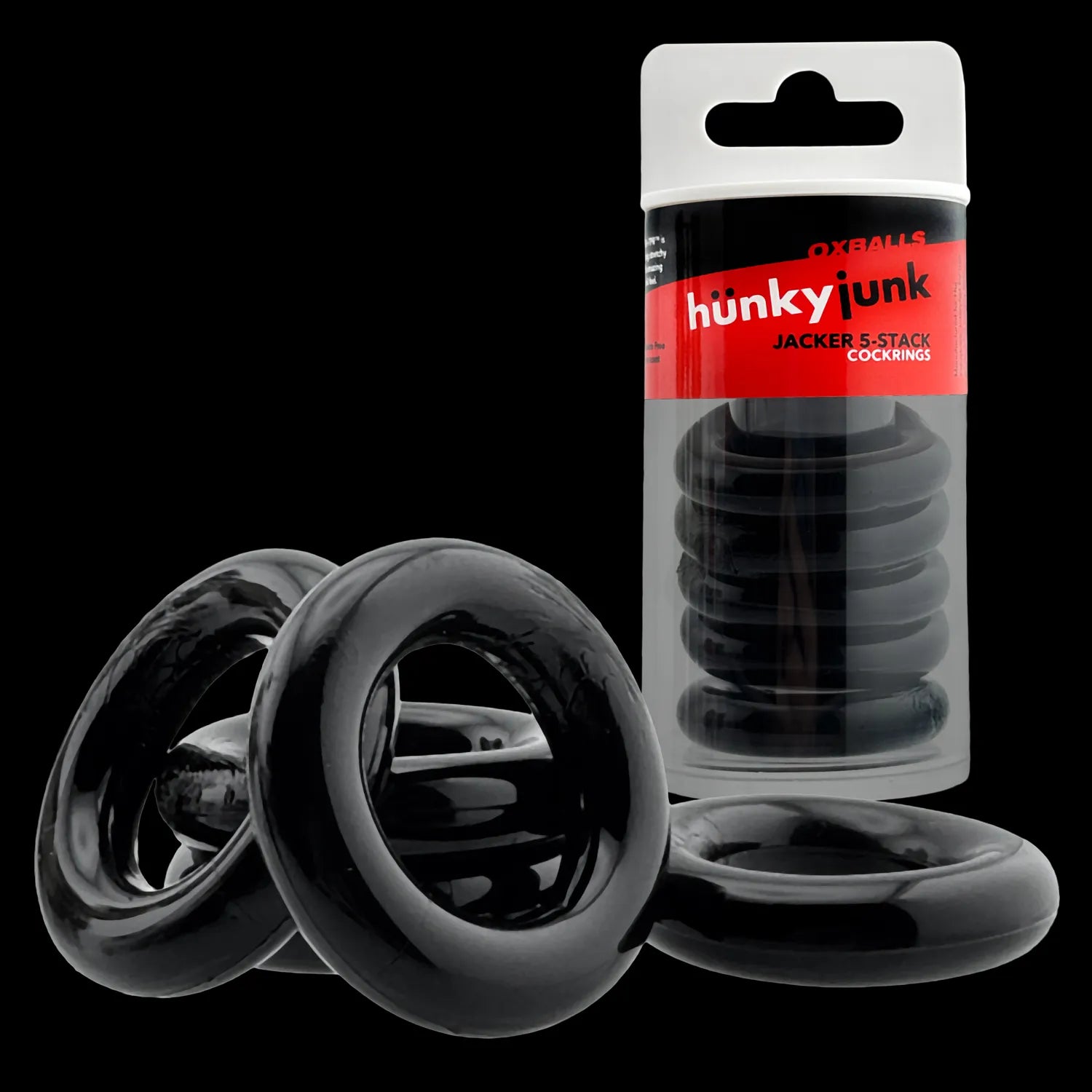 Jacker 5-Stack Five-Pack Tube Super-Strong Cockrings Black > Cock Ring > Sets