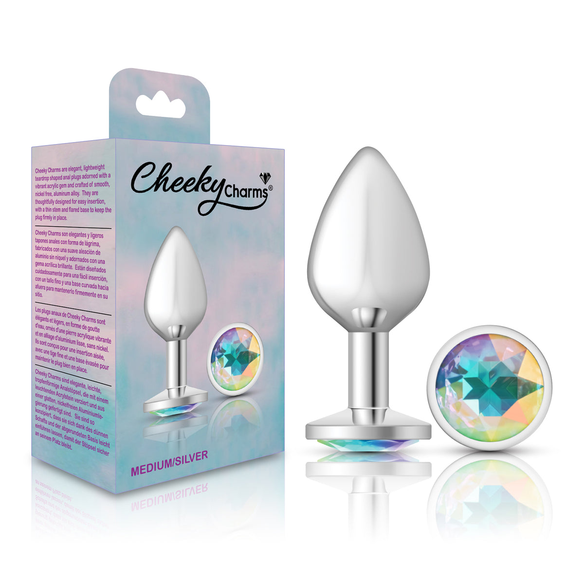Cheeky Charms Silver Round Butt Plug with Clear Iridescent Jewel Medium (8.03cm) > Anal Range > Jewel Butt Plugs