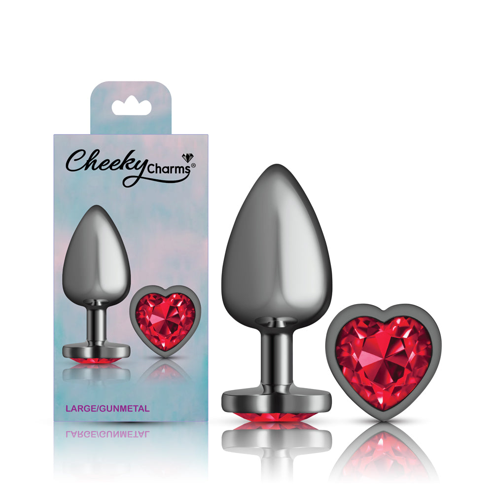 Cheeky Charms Gunmetal Butt Plug with Heart Red Jewel Large > Anal Range > Jewel Butt Plugs