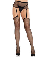 Sinful Black Fishnet Garter Belt Stockings With Cross Detail Black One Size > Clothes > Hosiery > Garterbelt Sets