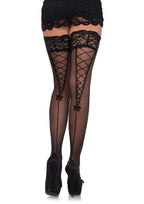 Stay Up Lace Top Sheer Thigh High Stockings With Faux Lace Up Black One Size > Clothes > Hosiery > Stockings
